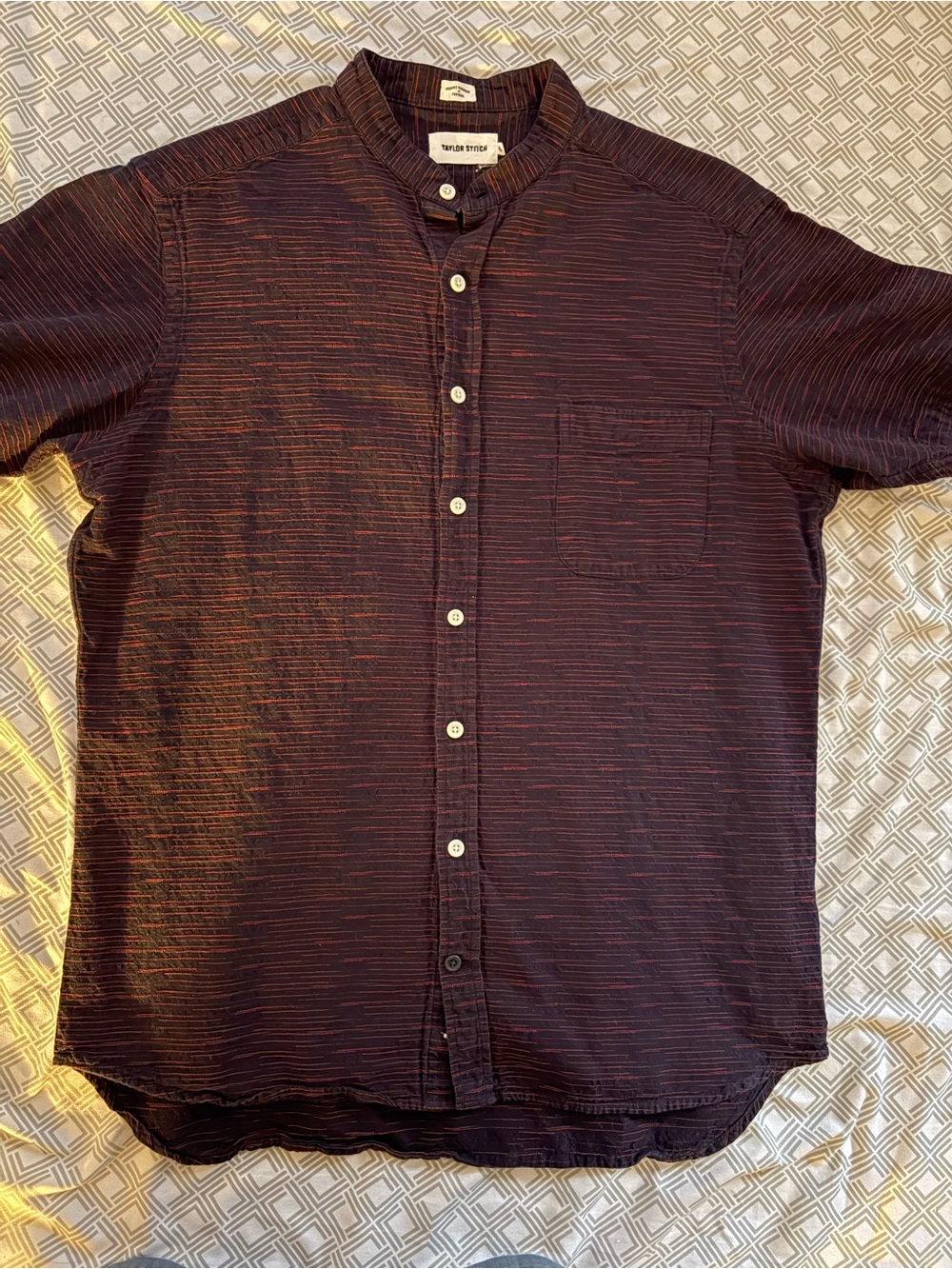 Taylor Stitch Men's Size 42 Navy and Red Collarless Cotton Button Up Shirt